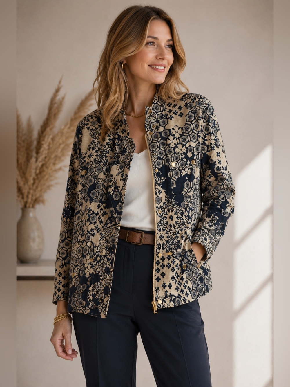 Silk Blend Tapestry Jacket XL Navy Beige Quiet Luxury Artsy Chic Gold Accent